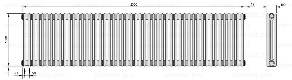 Схема (чертеж) Радиатор Zehnder Charleston 3100/50 №3370 Белый глянцевый RAL 9016